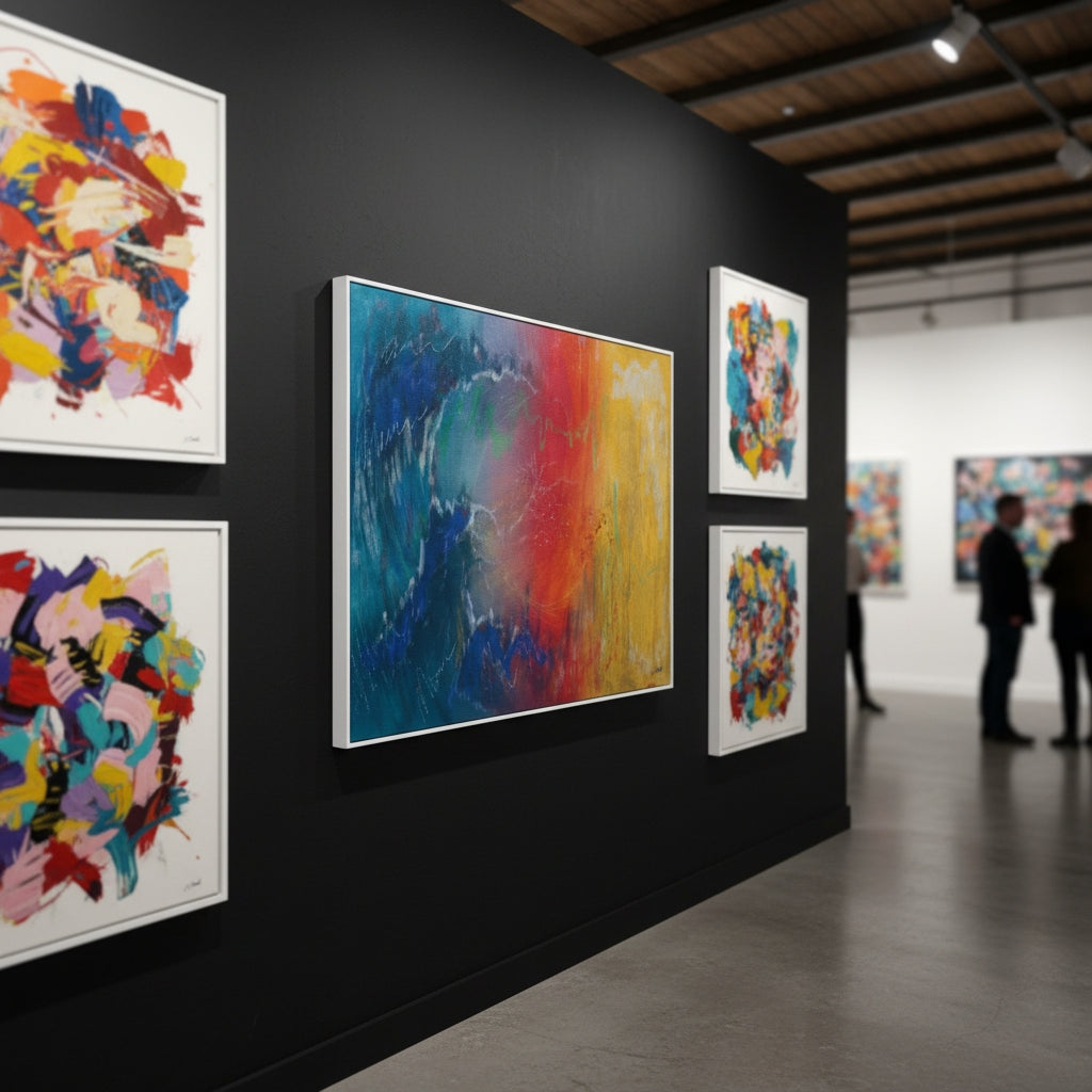 Art gallery with abstract paintings on a black wall