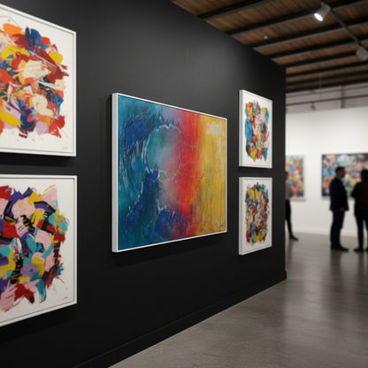 Art gallery with abstract paintings on a black wall