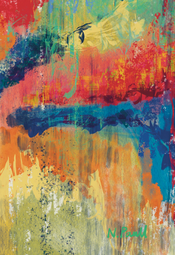 Abstract art with vibrant colors and a signature at the bottom right corner.