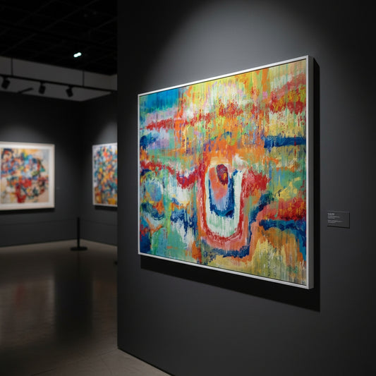Colorful abstract painting in an art gallery setting