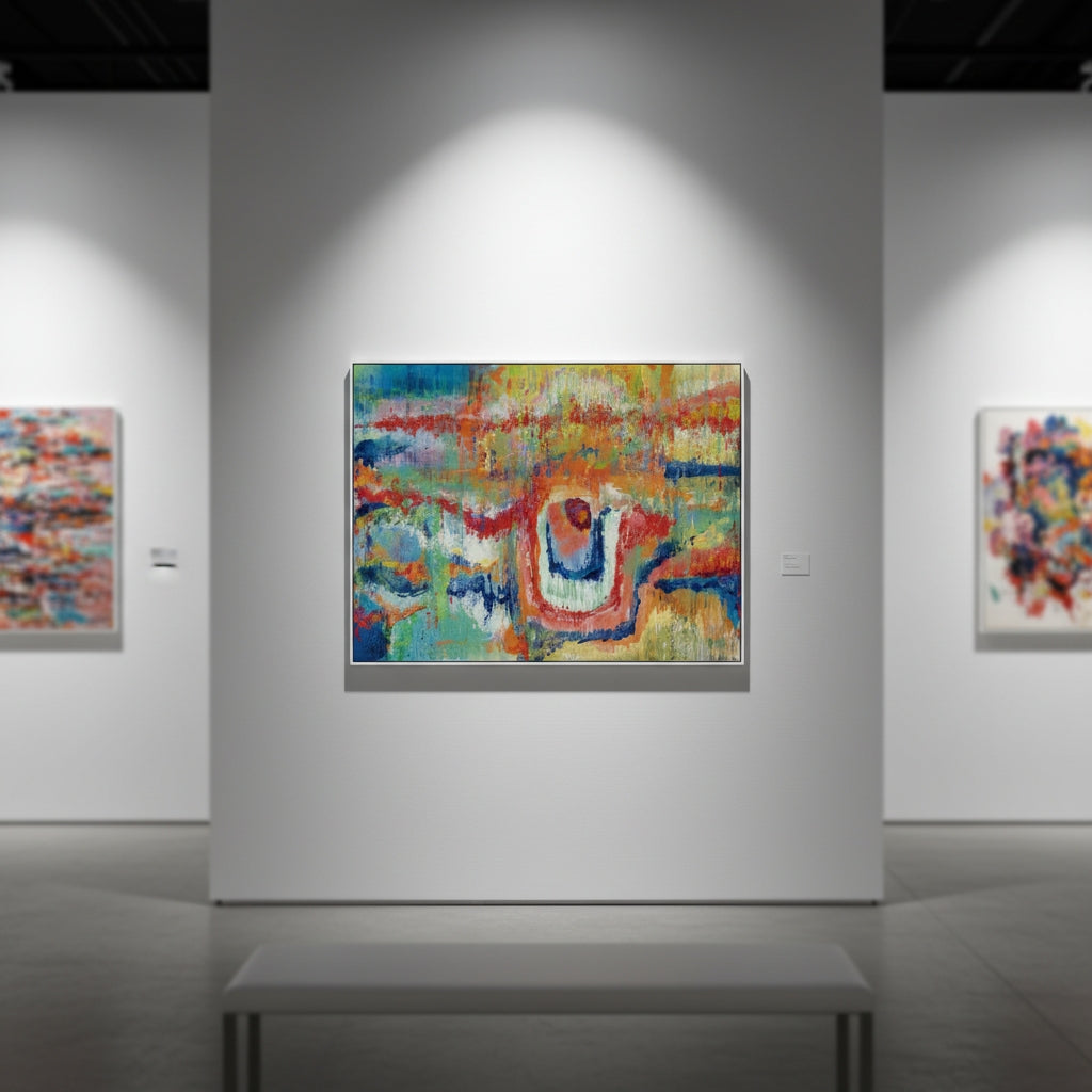 Abstract artwork in a gallery setting with other artworks on the walls.