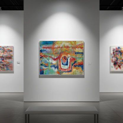 Abstract artwork in a gallery setting with other artworks on the walls.