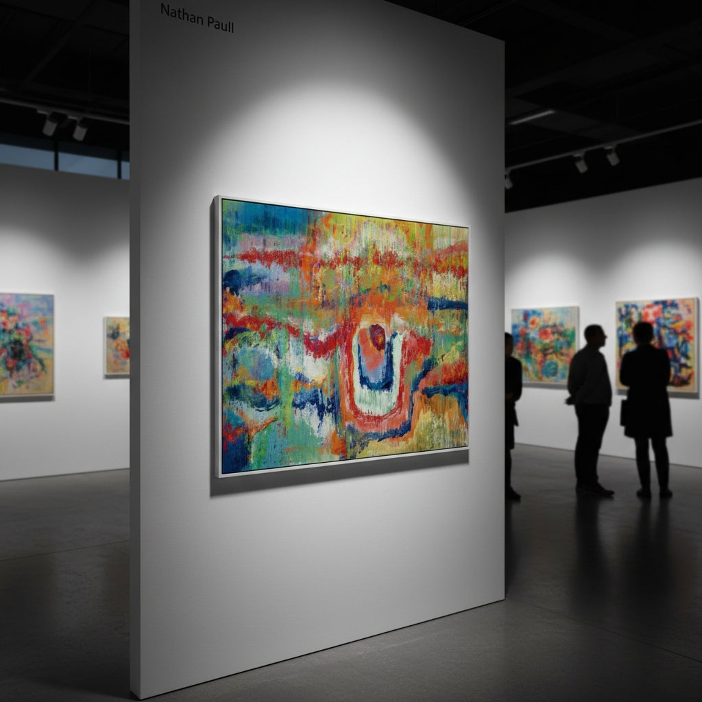 Art gallery with abstract paintings on white walls and people observing the art.