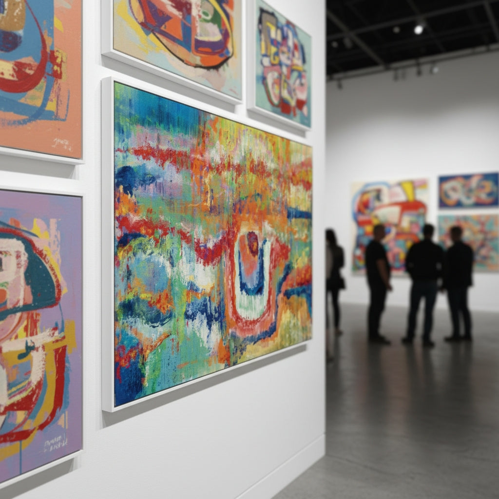 Art gallery with colorful abstract paintings on a wall.