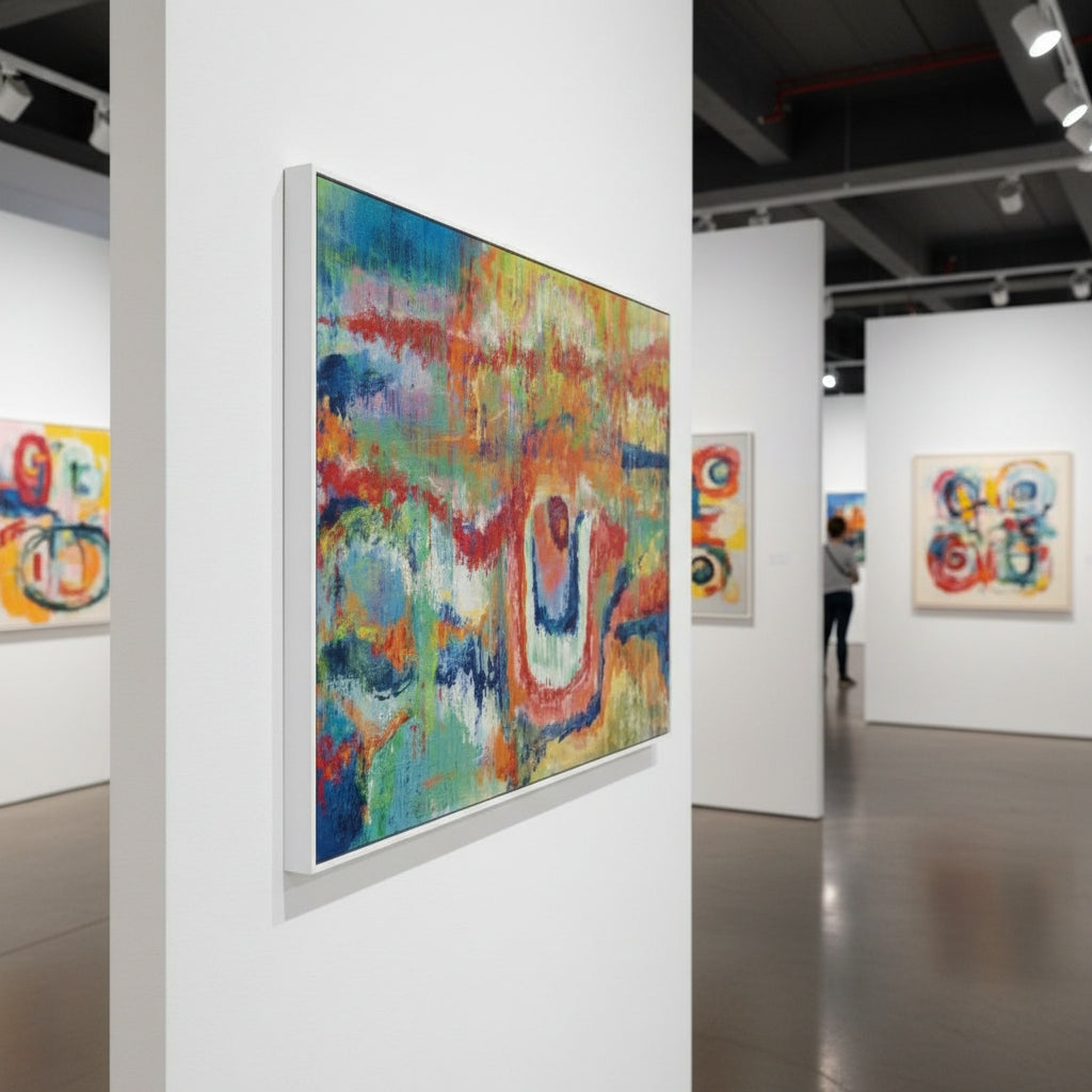 Art gallery with colorful abstract paintings on white walls