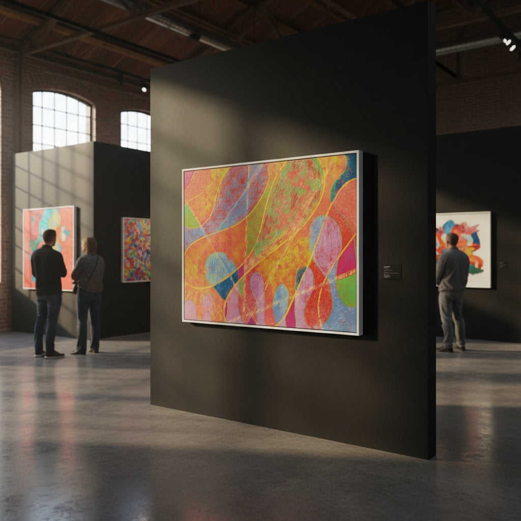 Art gallery with abstract paintings on dark walls and people observing the art.