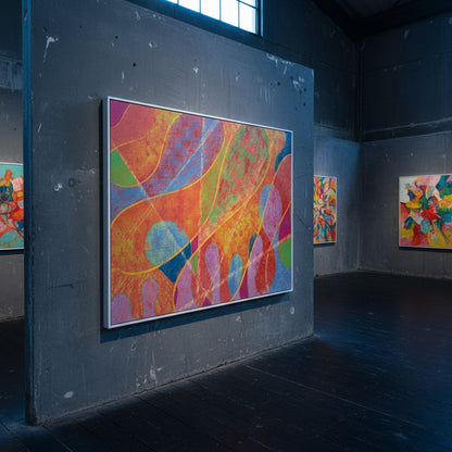 Colorful abstract painting on a dark wall in an art gallery.