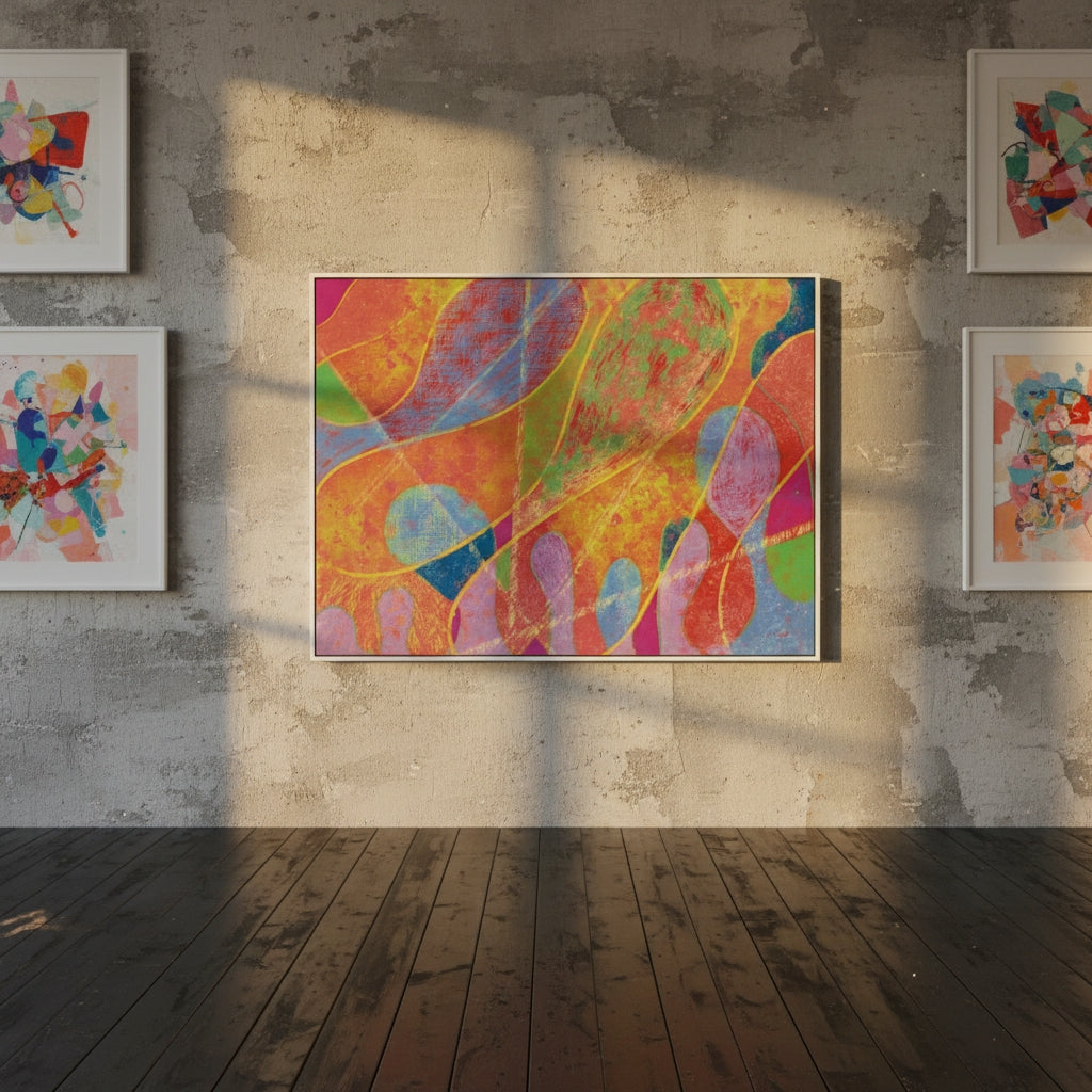 Colorful abstract painting on a textured wall with other artworks.