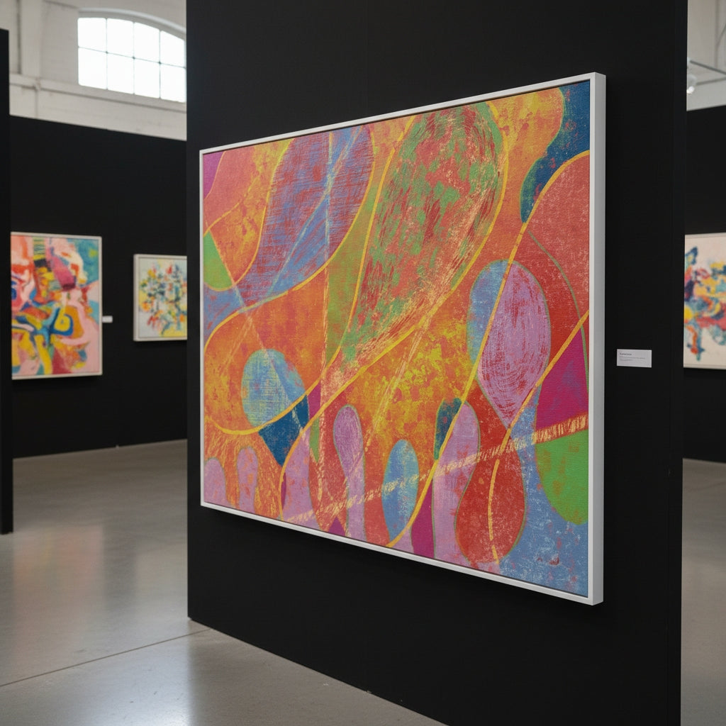 Colorful abstract artwork in an art gallery setting