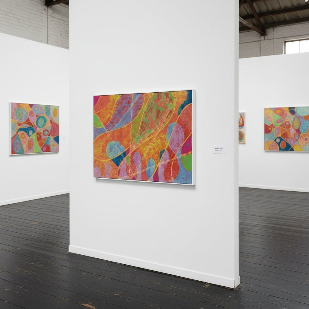 Art gallery with colorful abstract paintings on white walls.