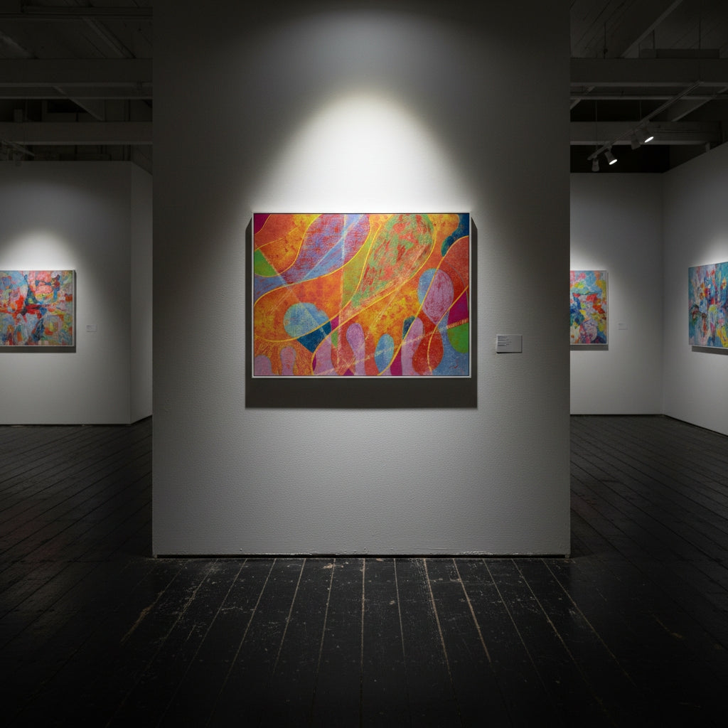 Art gallery with colorful abstract paintings on white walls