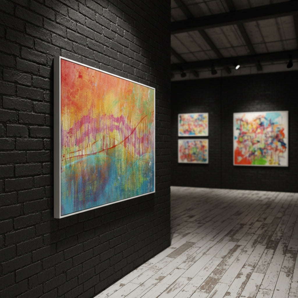 Art gallery with abstract paintings on black walls