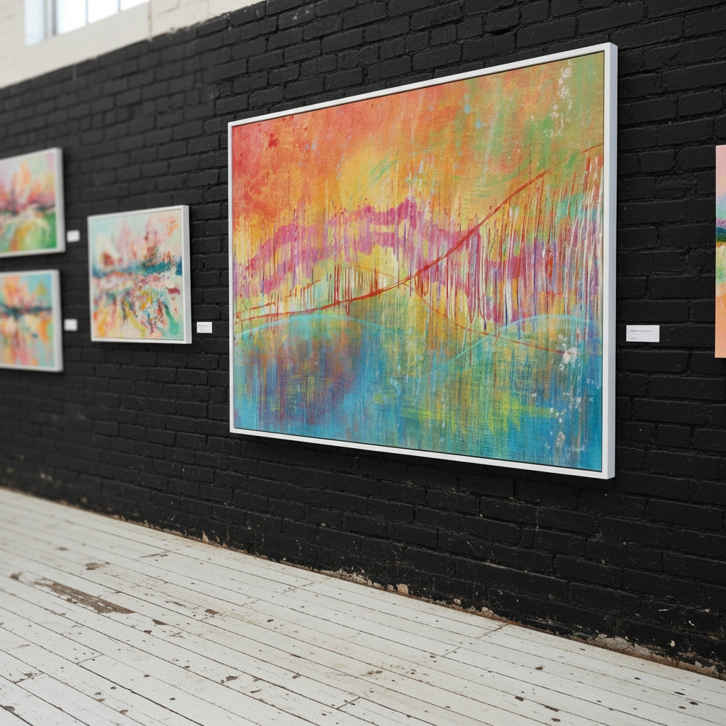 Colorful abstract art on a black brick wall