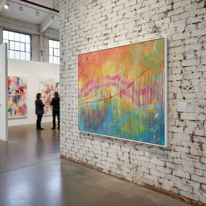 Art gallery with abstract paintings on a white brick wall