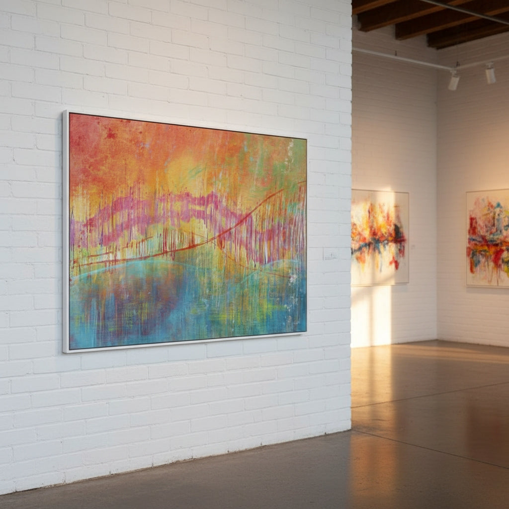 Colorful abstract painting on a white brick wall in an art gallery.