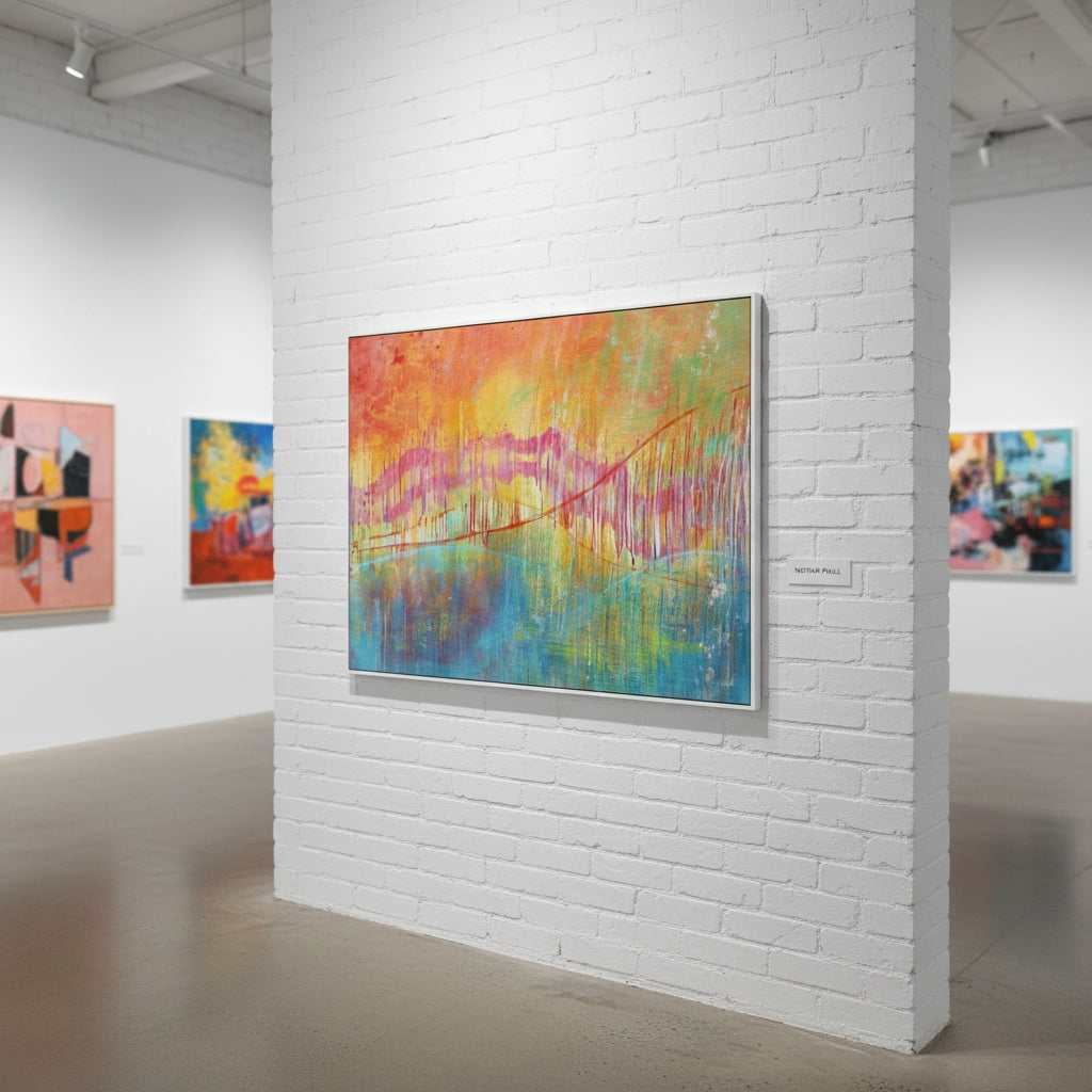 Colorful abstract painting on a white brick wall in an art gallery.