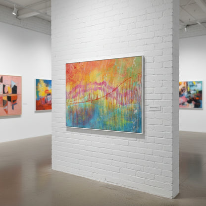 Colorful abstract painting on a white brick wall in an art gallery.