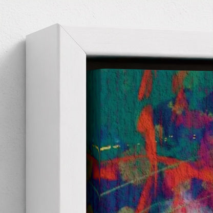 Close-up of a colorful abstract painting with a white frame.