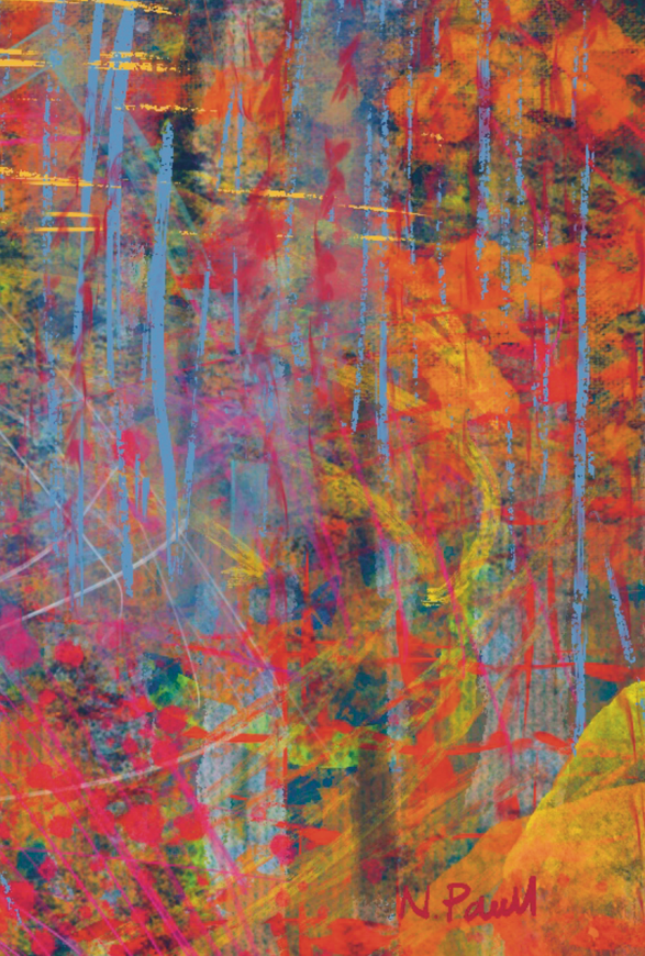 Abstract artwork with vibrant colors and a signature at the bottom right corner.