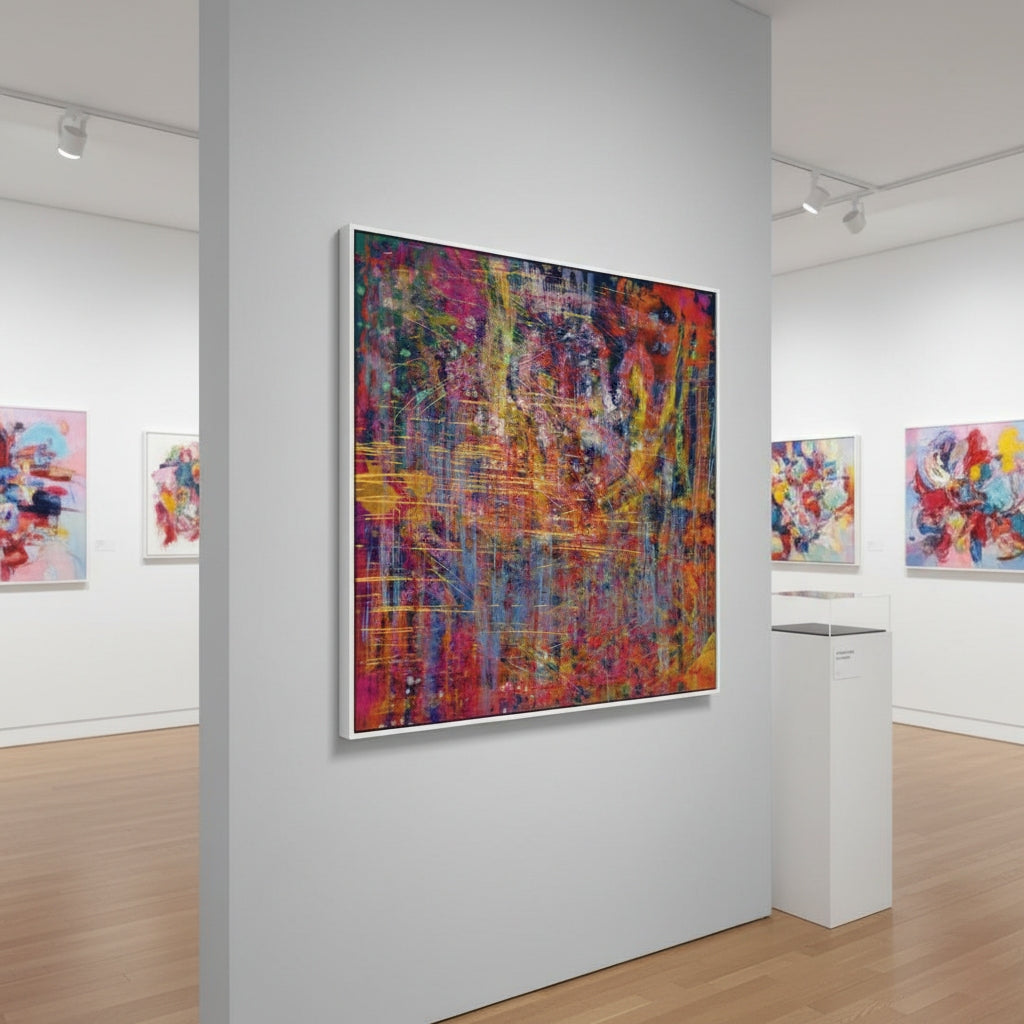 Art gallery with colorful abstract paintings on white walls