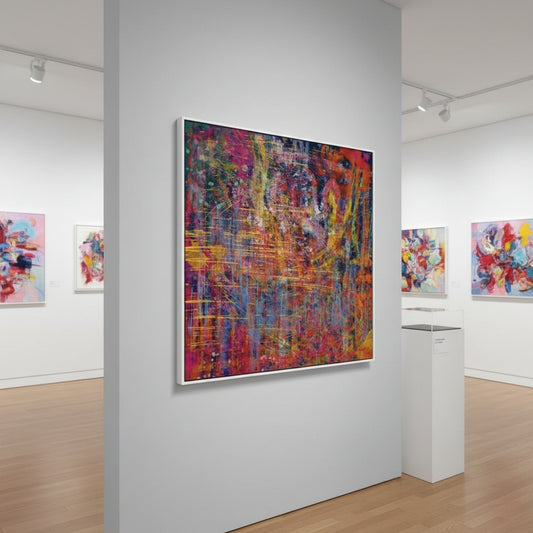 Art gallery with colorful abstract paintings on white walls
