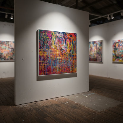 Art gallery with abstract paintings on white walls