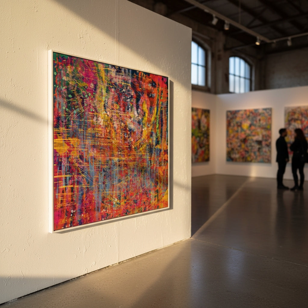 Art gallery with abstract colorful paintings on white walls
