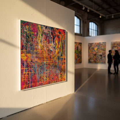 Art gallery with abstract colorful paintings on white walls