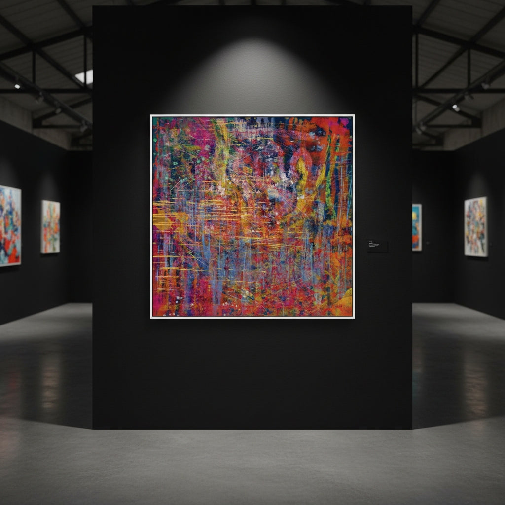 Abstract artwork in a dark gallery setting