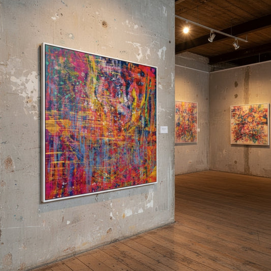 Art gallery with abstract colorful paintings on concrete walls.
