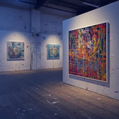 Art gallery with abstract paintings on white walls