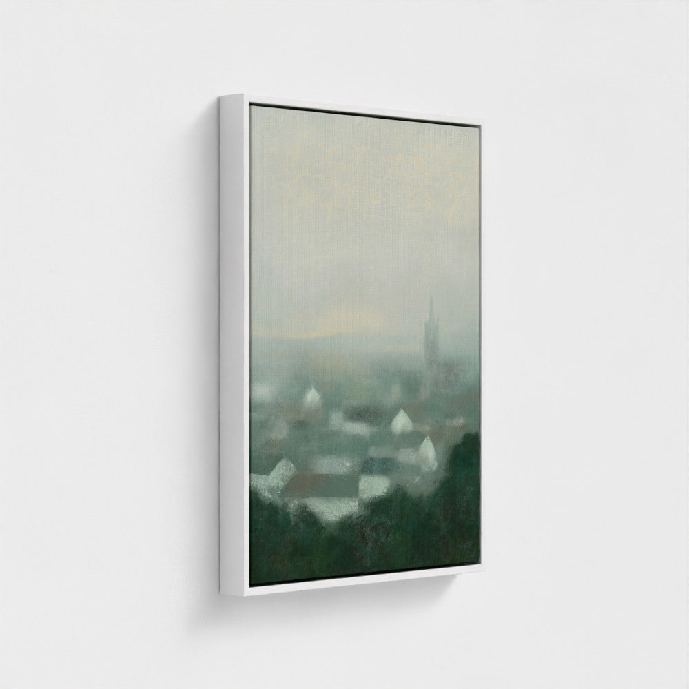 Framed artwork of a landscape with trees and a building on a light gray background