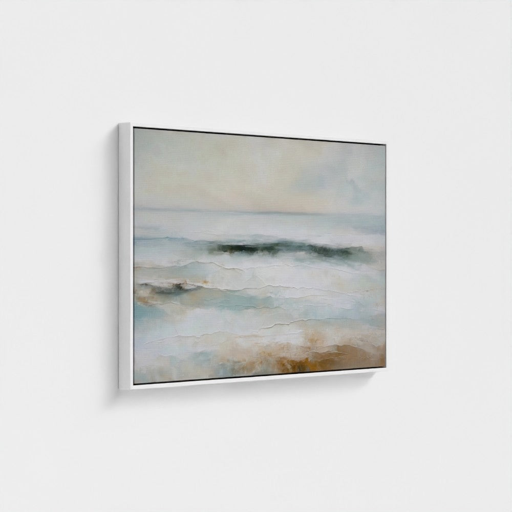 Abstract painting with soft earthy tones on a white wall