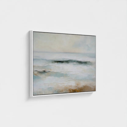 Abstract painting with soft earthy tones on a white wall