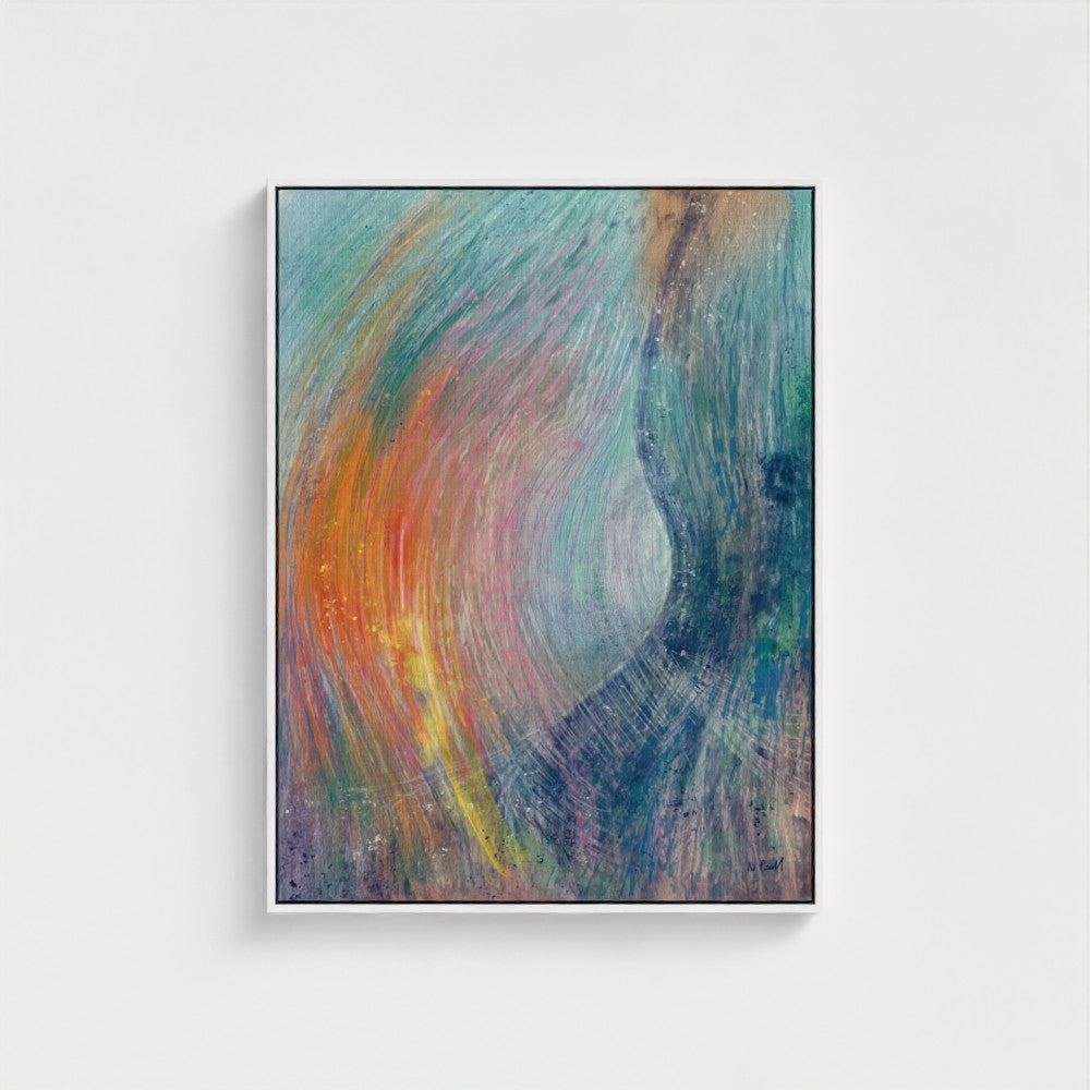 Abstract painting with swirling colors on a white background