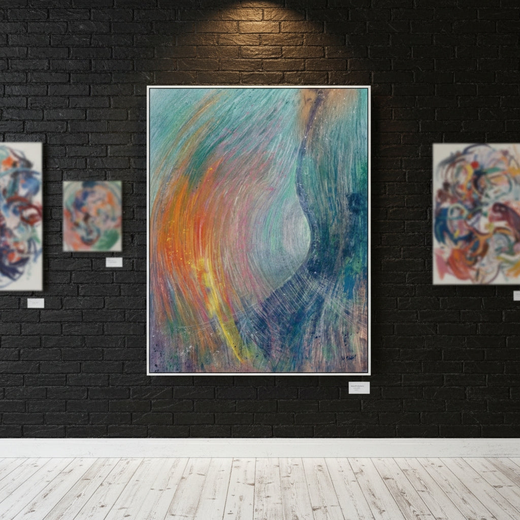 Art gallery with abstract paintings on a black brick wall