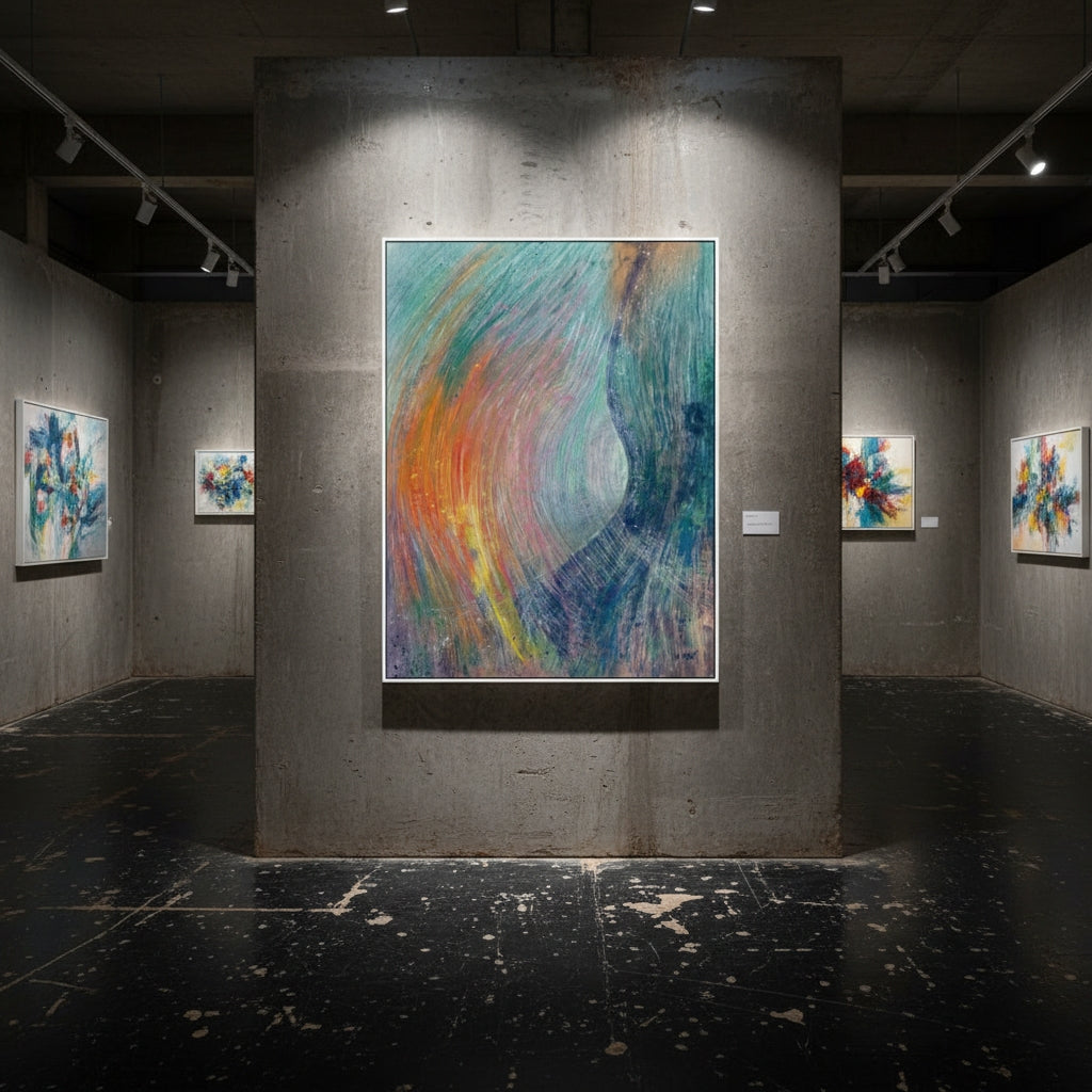 Art gallery with abstract paintings on gray walls