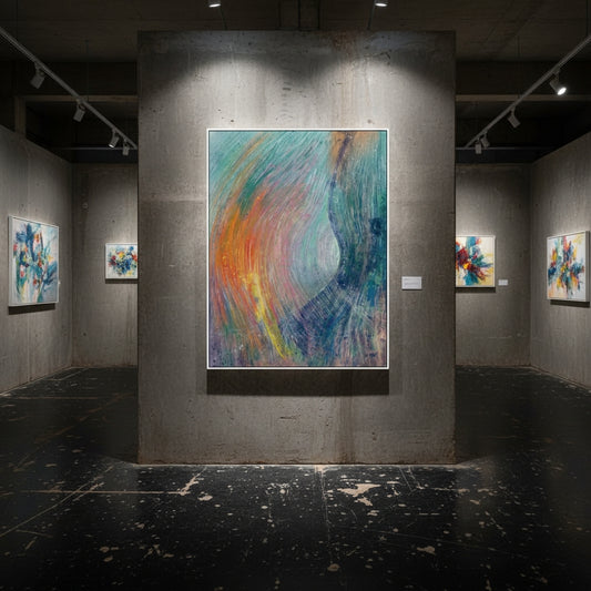 Art gallery with abstract paintings on gray walls