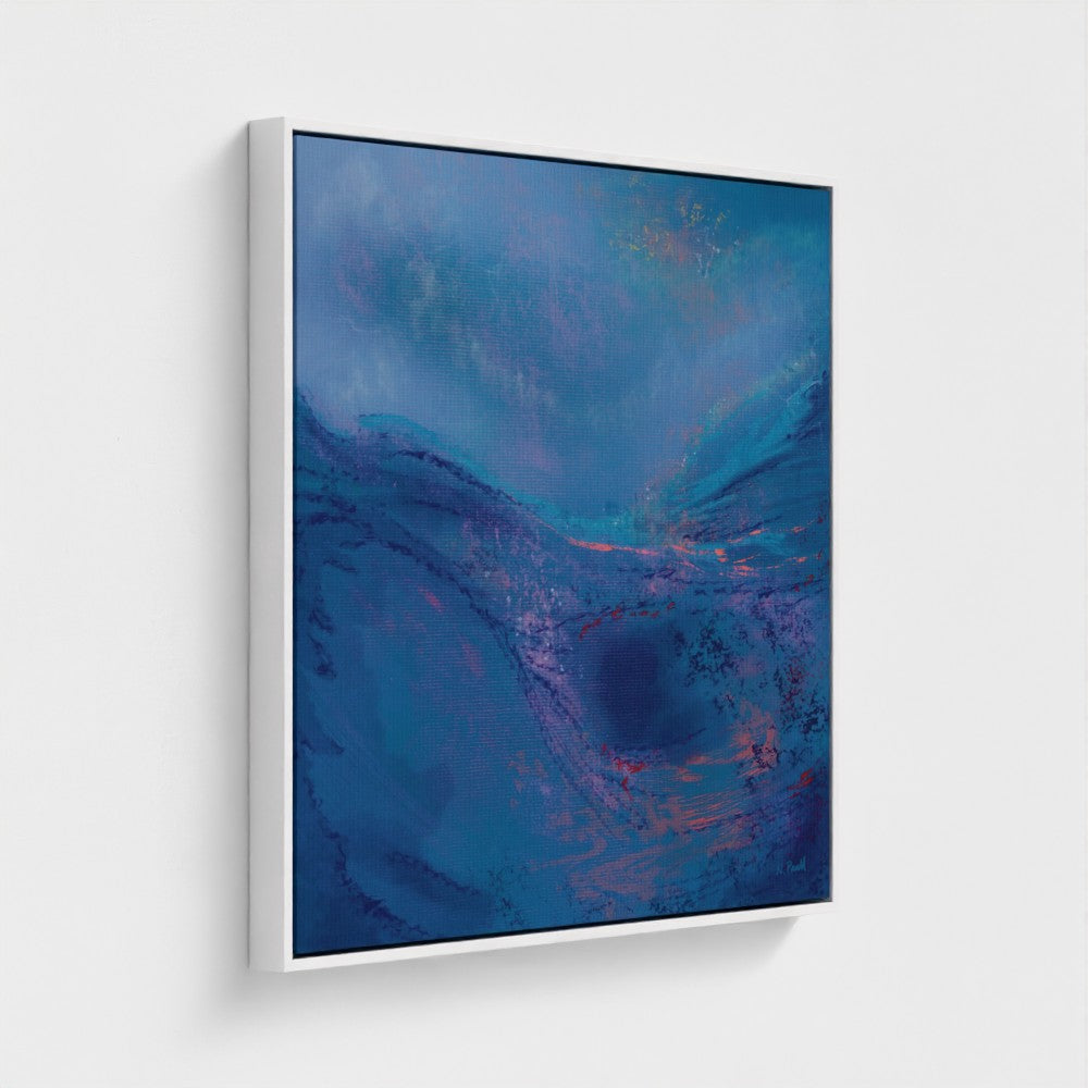 Abstract art piece with blue and purple hues on a white background