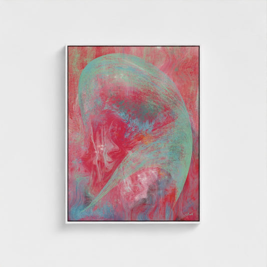 Abstract art piece with a colorful skull design on a white background