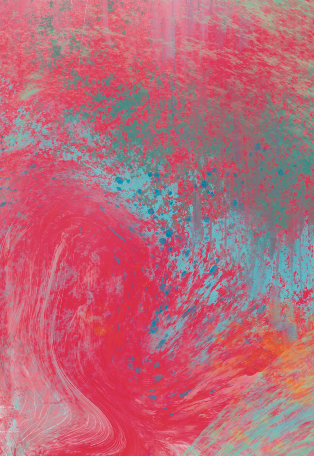 Abstract art with swirling red, pink, and blue patterns