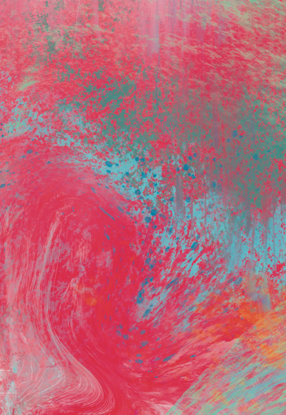 Abstract art with swirling red, pink, and blue patterns
