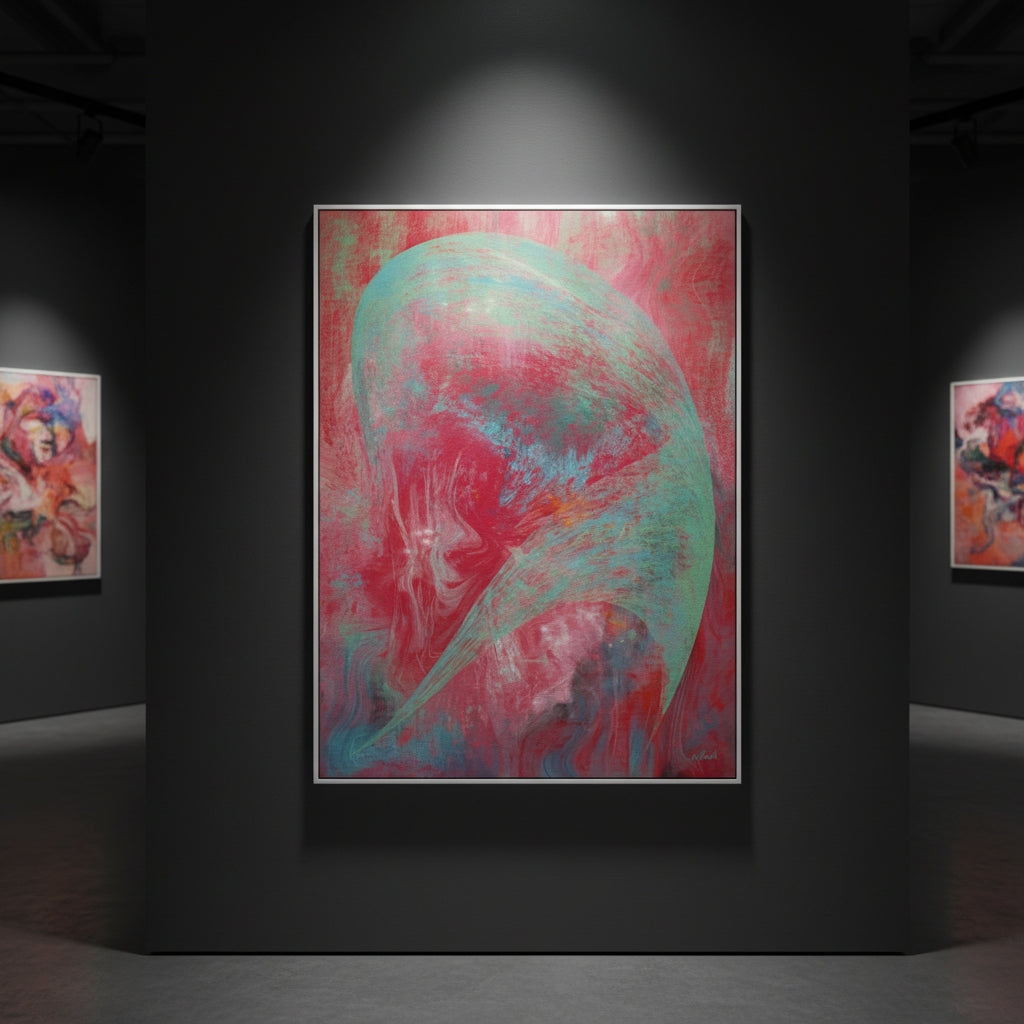 Art gallery with abstract paintings on dark walls