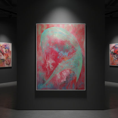 Art gallery with abstract paintings on dark walls