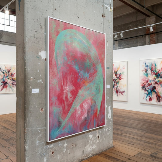 Abstract art piece in a gallery setting with concrete walls and wooden floors.