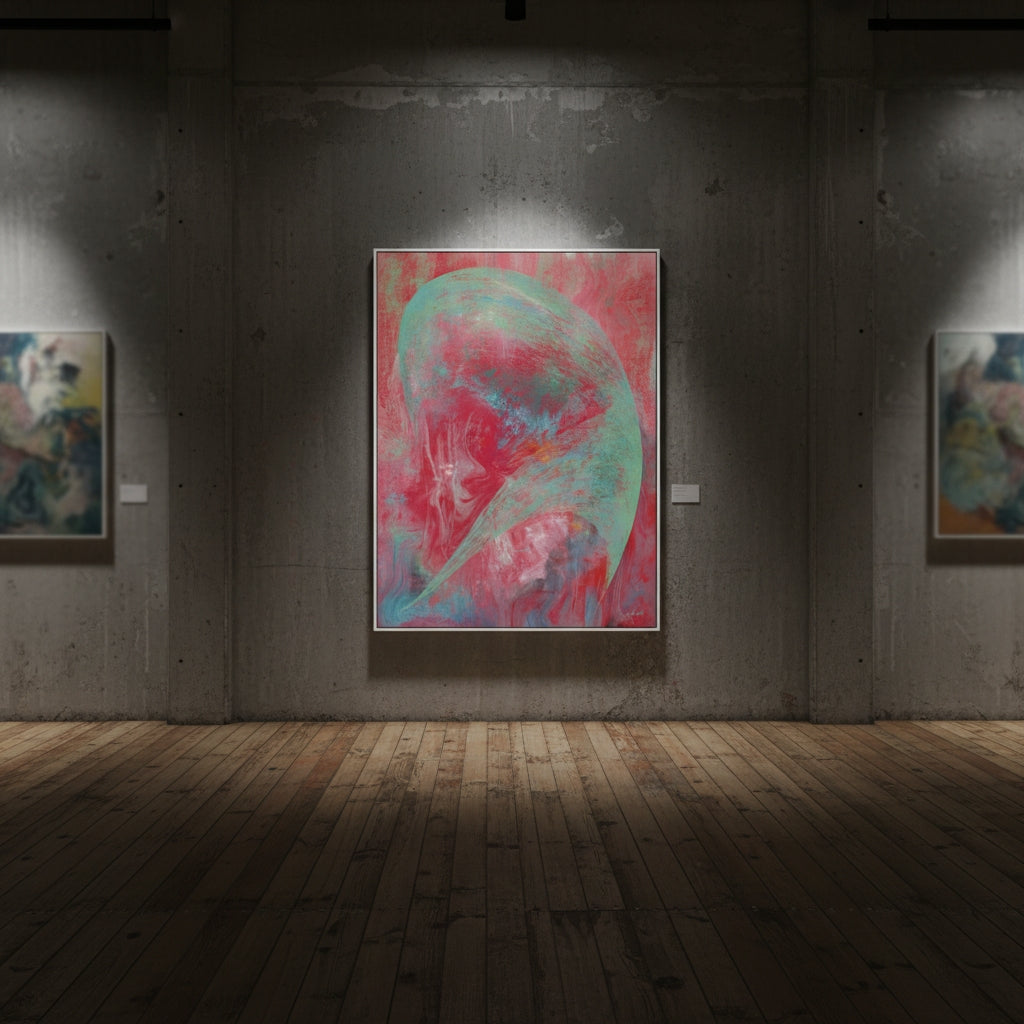 Art gallery with abstract paintings on a concrete wall