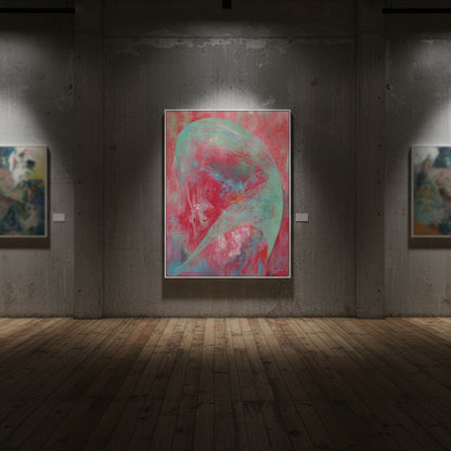 Art gallery with abstract paintings on a concrete wall