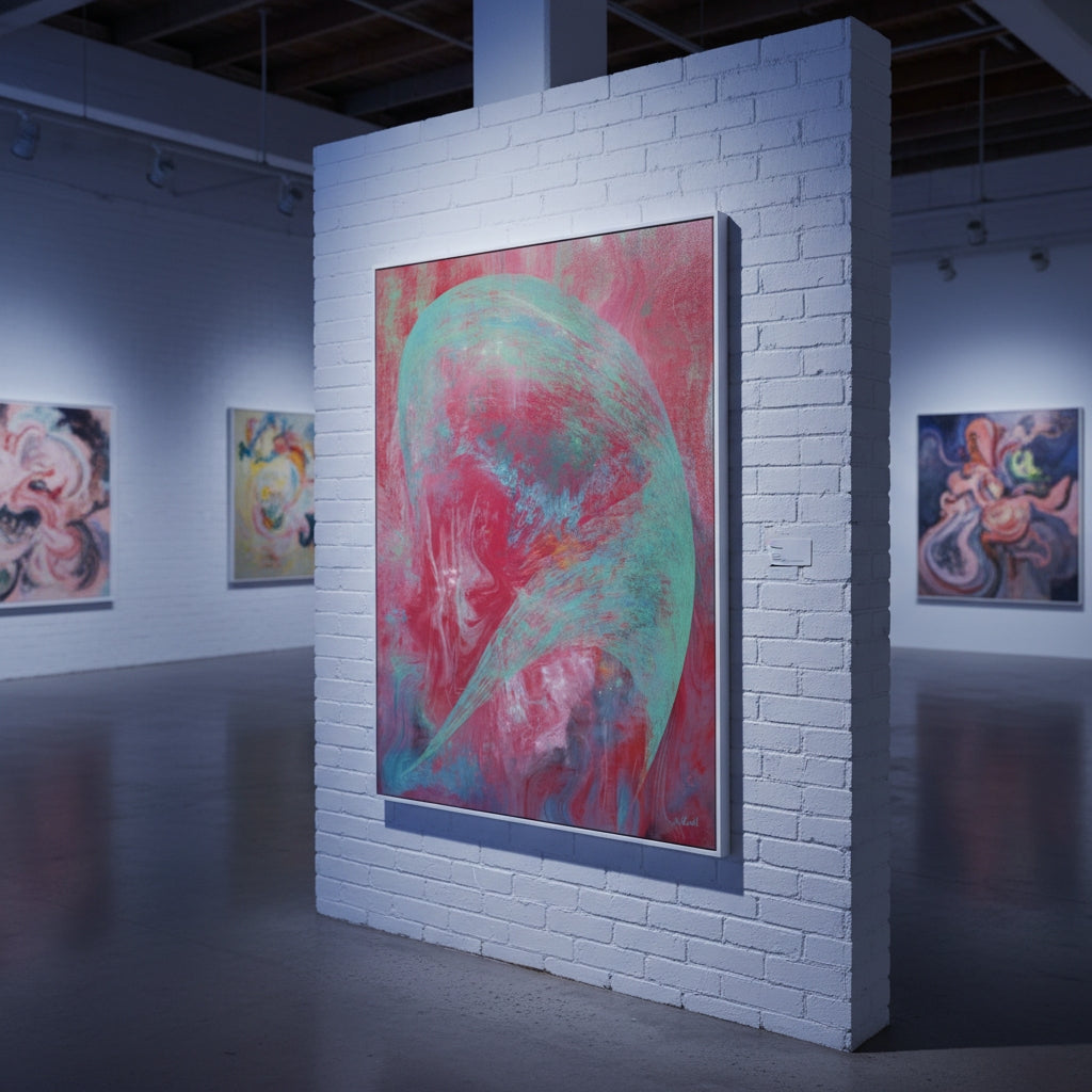 Art gallery with abstract paintings on white brick walls