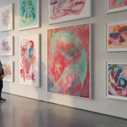 Art gallery with colorful abstract paintings on a wall