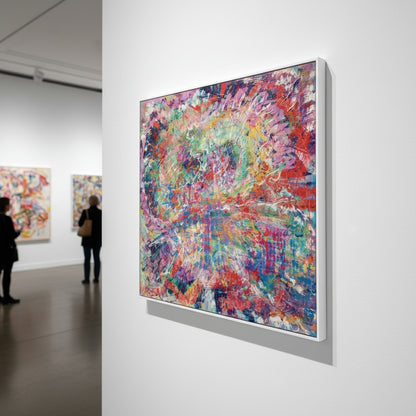 Abstract painting in a gallery setting with people observing other artworks.